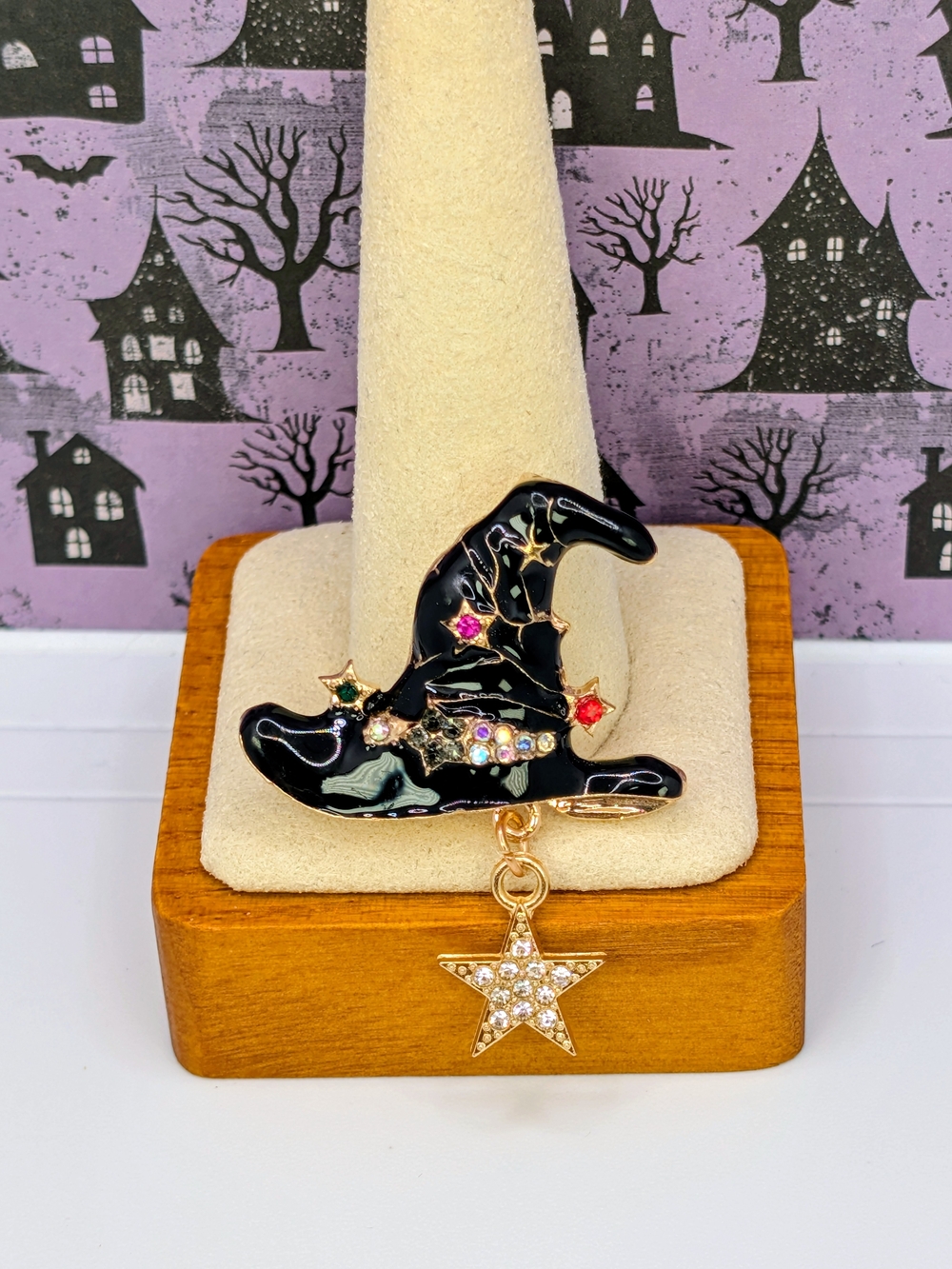 Black Enamel Witch Hat Brooch with Gold Star Charm